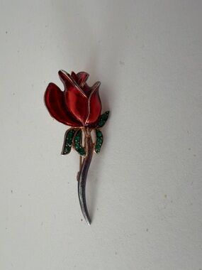 Red Flower Drop Brooch Pin with Green Accents